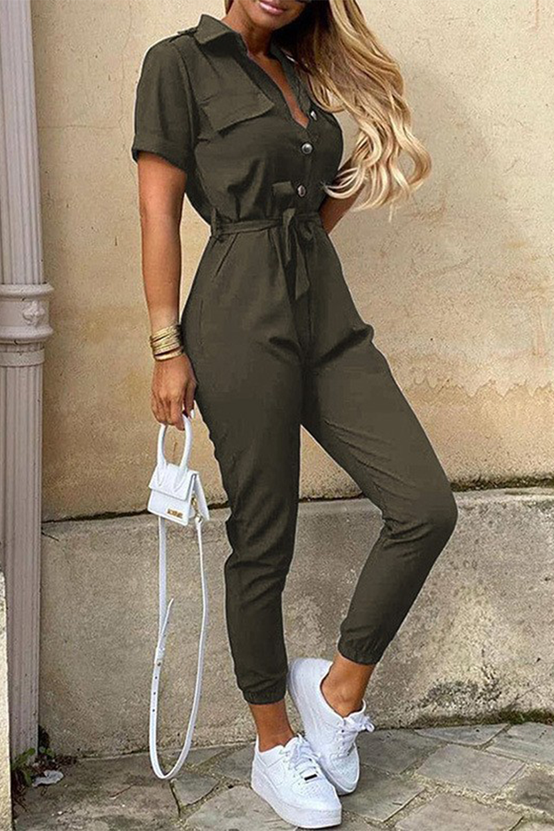 Kaynafashions - Casual Daily Solid Frenulum With Belt Turndown Collar Regular Jumpsuits(10 Colors)
