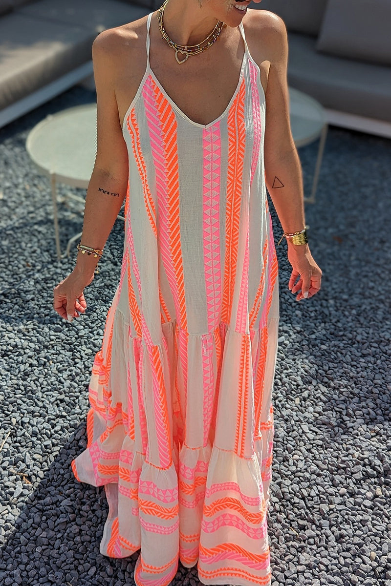 Kaynafashions - Sexy Vacation Geometric Print Backless V Neck Sling Dress Dresses