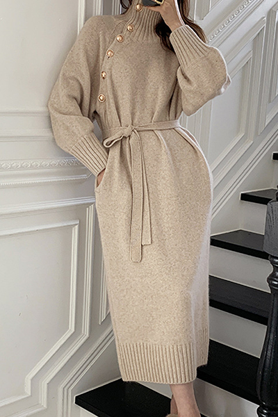Kaynafashions - Casual Elegant Solid Buckle With Belt Turtleneck Dresses