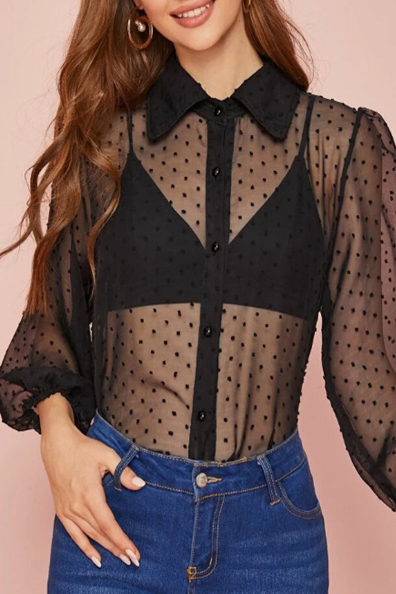 Kaynafashions - Sexy Polka Dot See-through Turndown Collar Tops
