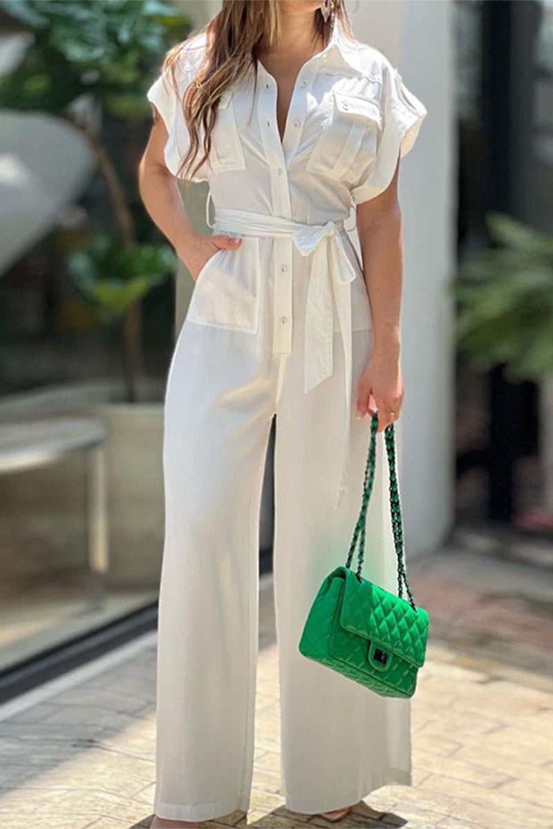 Kaynafashions - Casual Street Solid Frenulum Buckle Turndown Collar Loose Jumpsuits