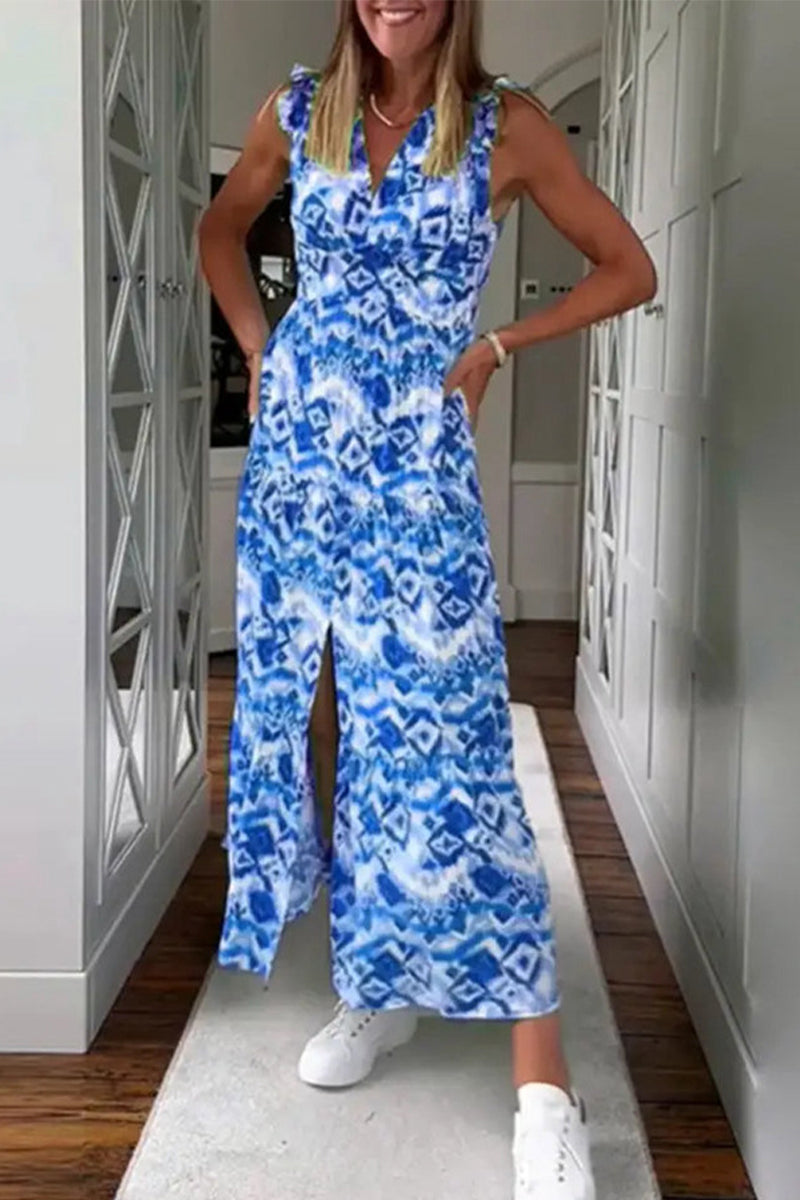 Kaynafashions - Sexy Geometric Printing V Neck Sleeveless Dress Dresses