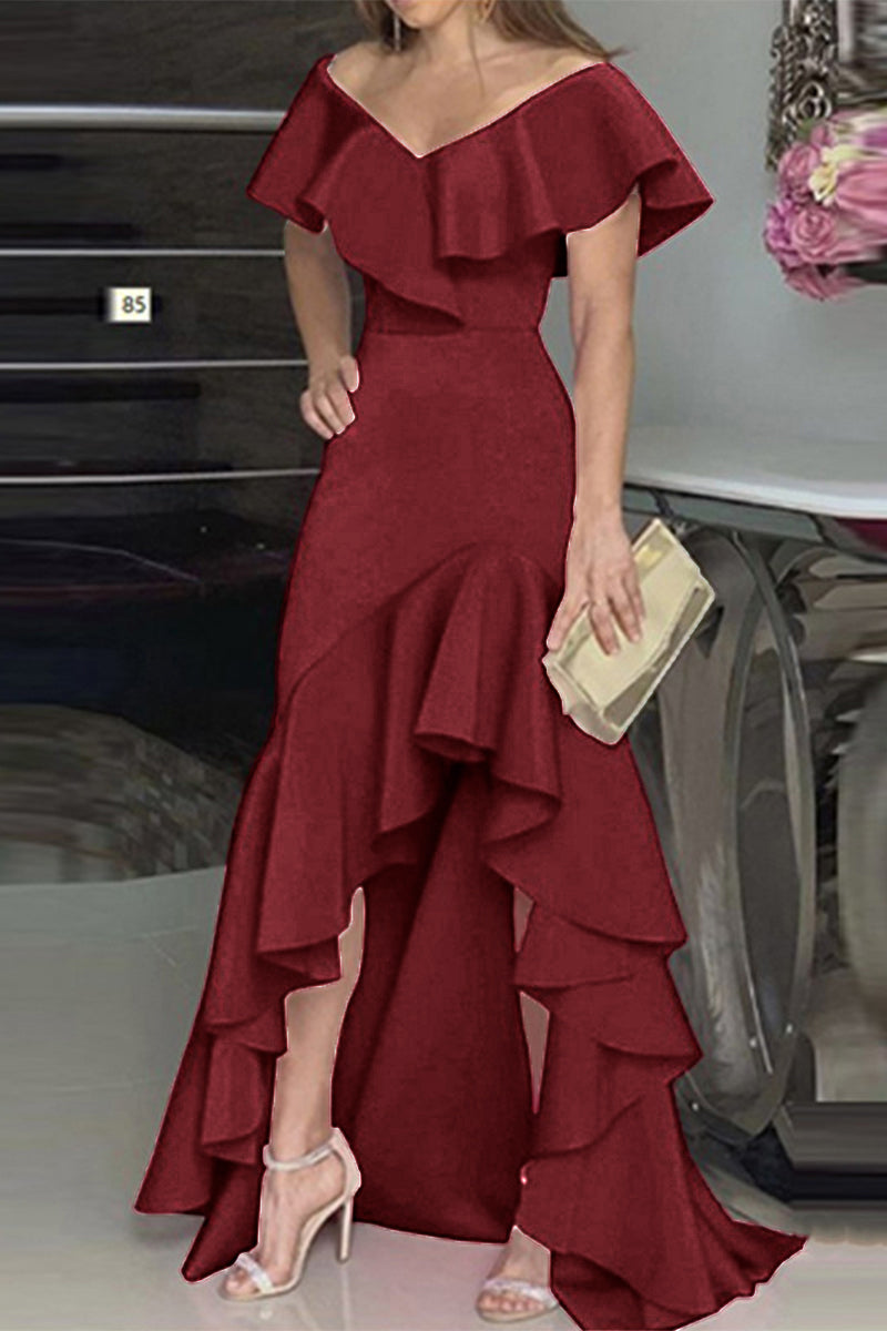 Kaynafashions - Elegant Solid Flounce V Neck Irregular Dress Dresses(5 Colors)