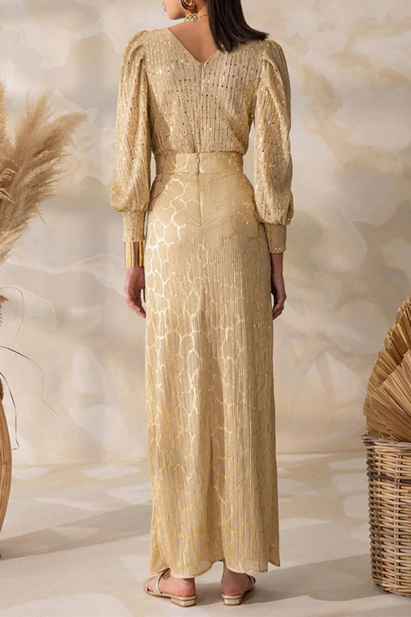 Kaynafashions - Sexy Print Slit V Neck Long Sleeve Two Pieces