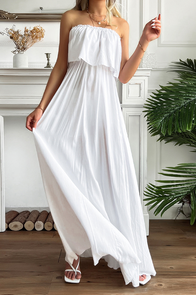 Kaynafashions - Casual Solid Flounce Strapless Cake Skirt Dresses