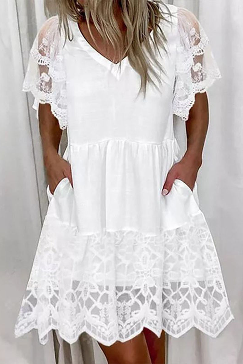 Kaynafashions - Sweet Elegant Solid Lace Pocket A Line Short Sleeve Dress