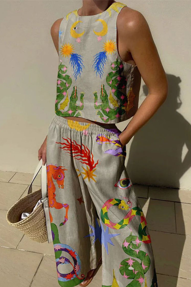 Kaynafashions - Casual Print Pocket O Neck Sleeveless Two Pieces(7 Colors)