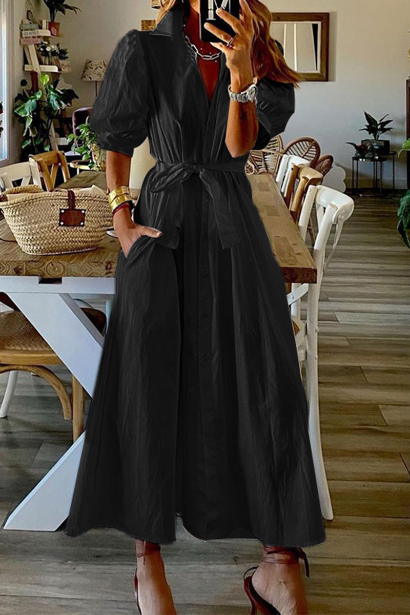 Kaynafashions - Casual Solid Patchwork Turndown Collar Shirt Dress Dresses