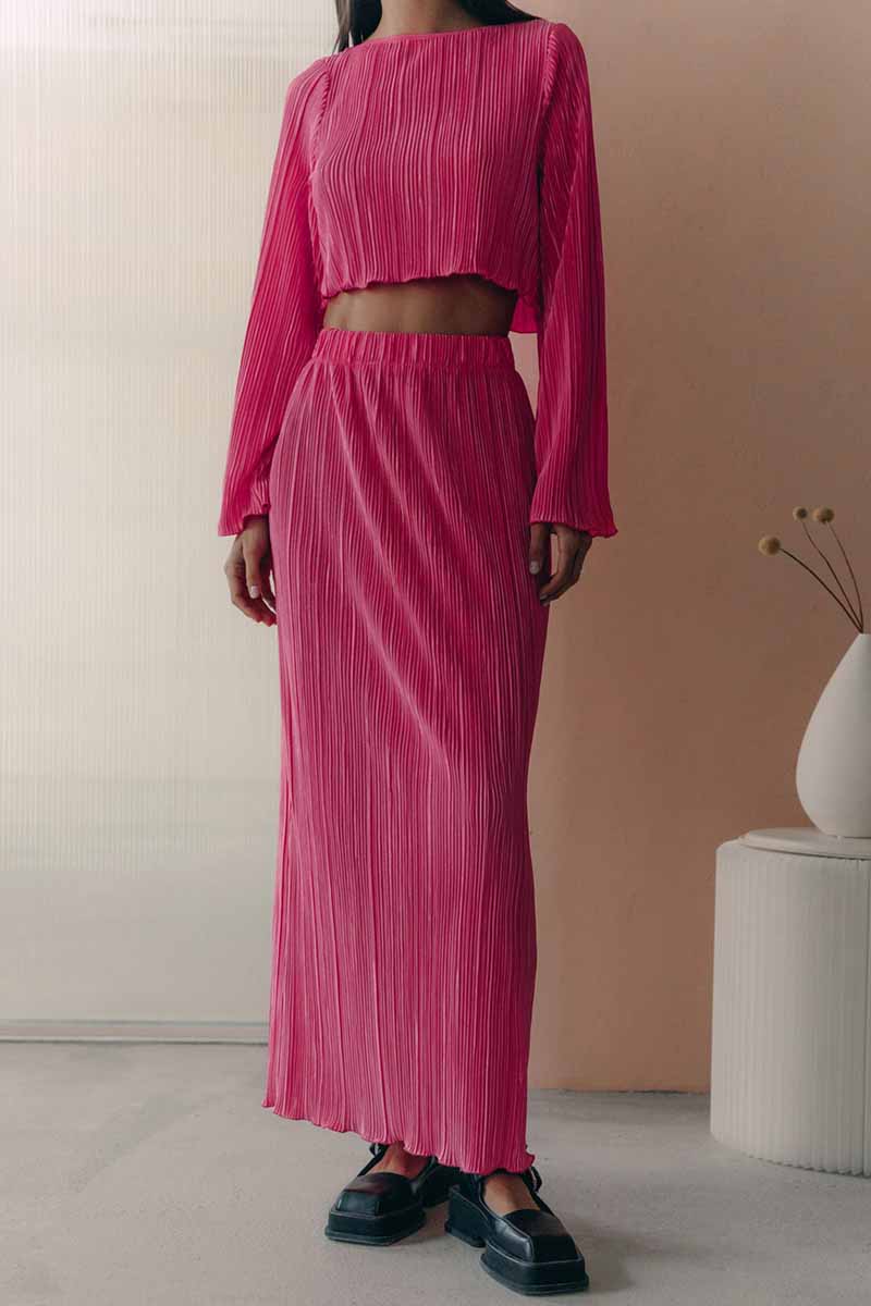 Kaynafashions - Casual Solid Stringy Selvedge O Neck Long Sleeve Two Pieces