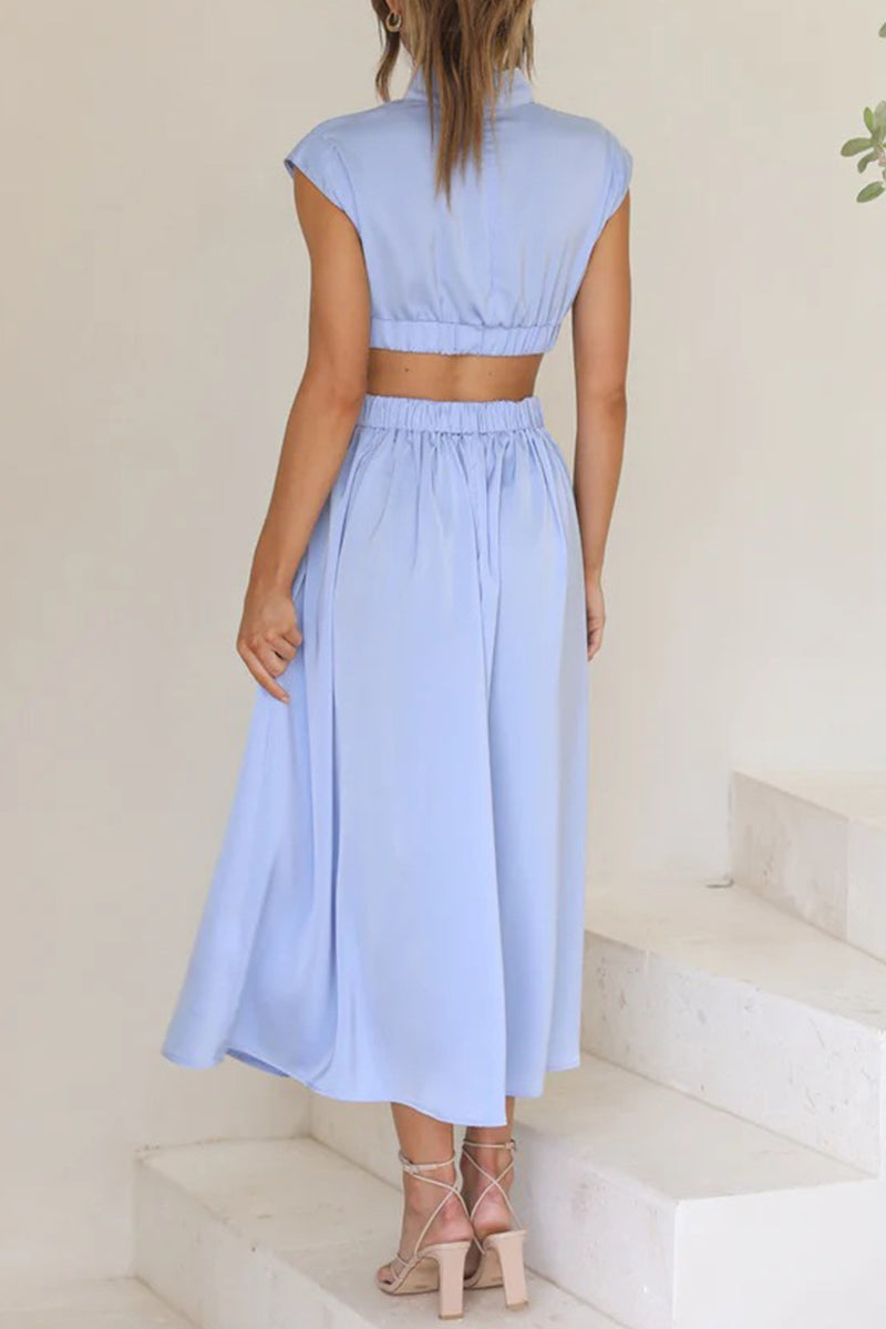 Kaynafashions - Sweet Elegant Solid Hollowed Out Mandarin Collar A Line Dresses(8 Colors)