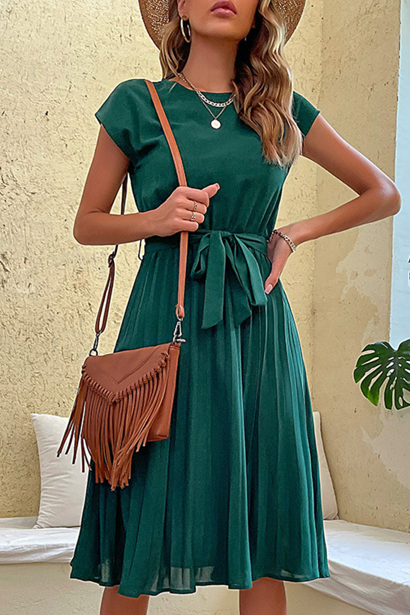 Kaynafashions - Elegant Solid Frenulum Fold O Neck Pleated Dresses