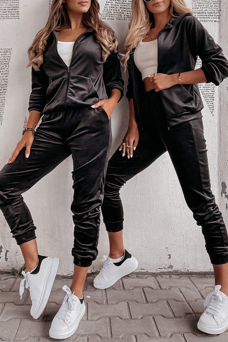 Kaynafashions - Casual Solid Zipper Hooded Collar Long Sleeve Two Pieces(4 Colors)