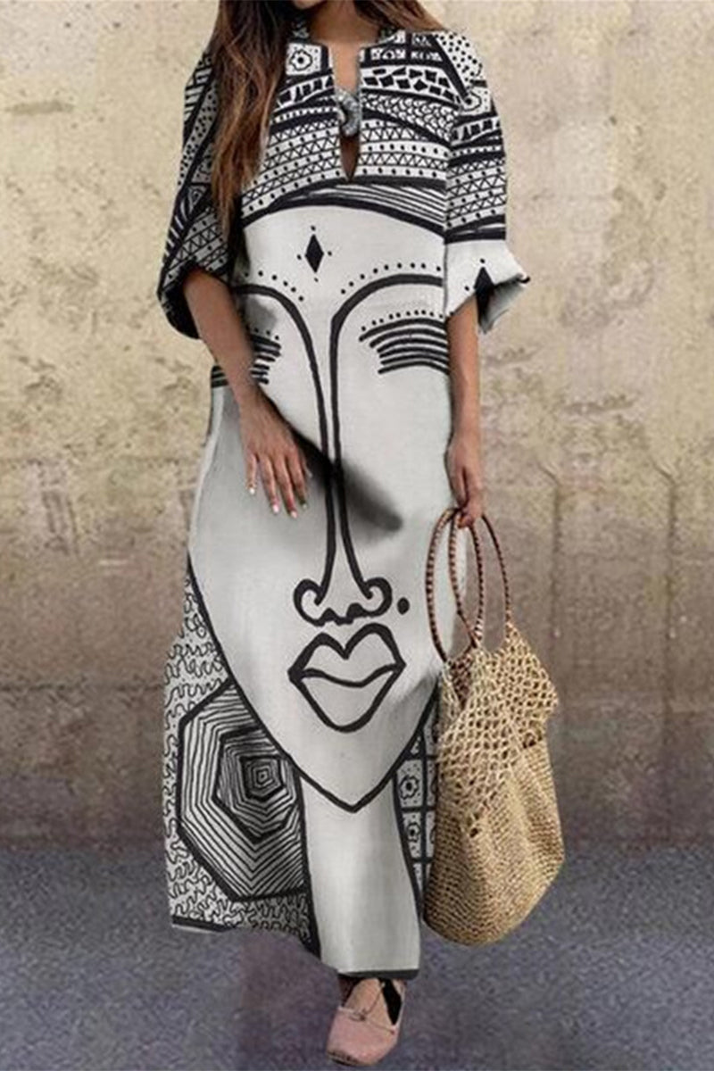 Kaynafashions - Plus Size Print Printing V Neck Printed Dress Dresses