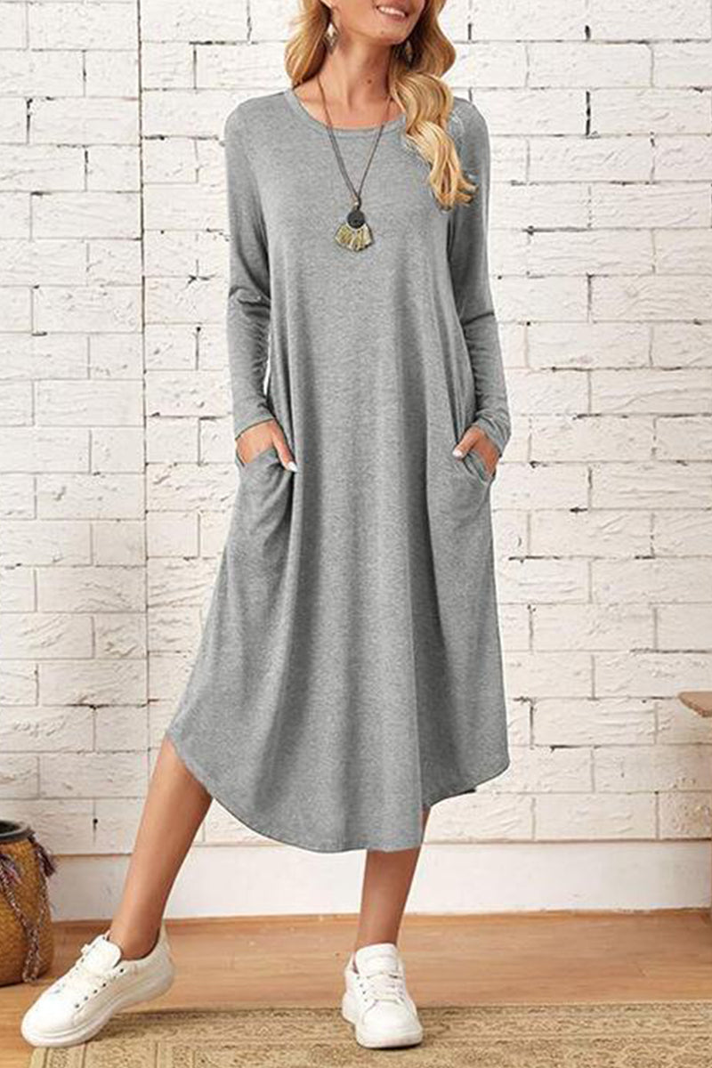 Kaynafashions - Casual Simplicity Solid Pocket O Neck Long Sleeve Dresses(6 Colors)