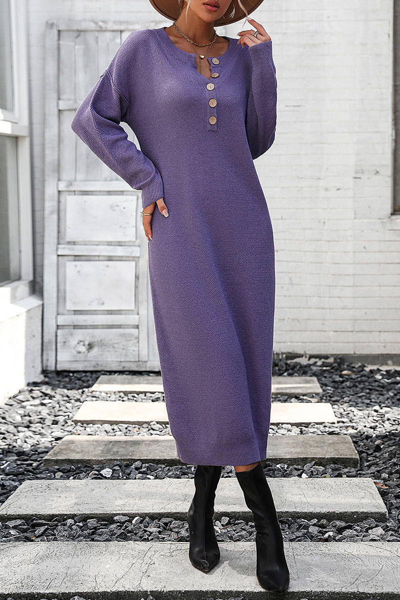 Kaynafashions - Elegant Solid Buckle O Neck Long Sleeve Dresses