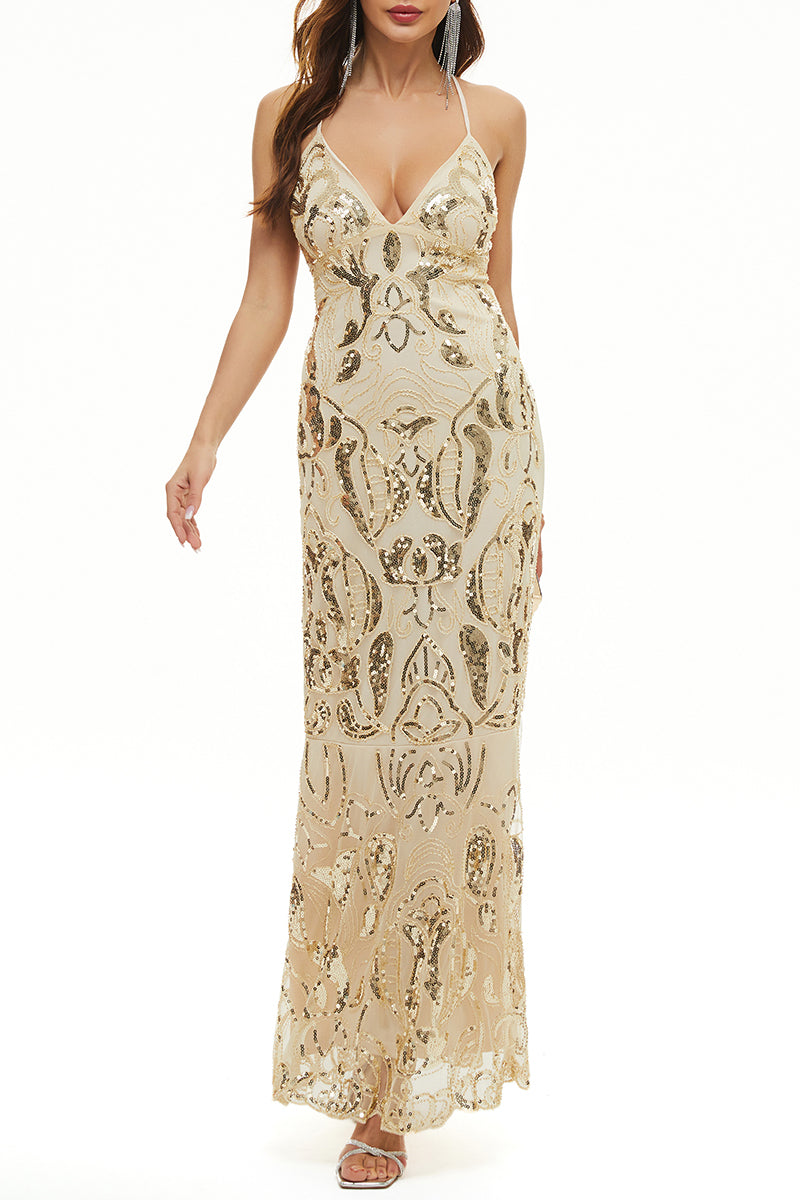 Kaynafashions - Sexy Formal Patchwork Bandage Sequins V Neck Evening Dress Dresses(7 Colors)