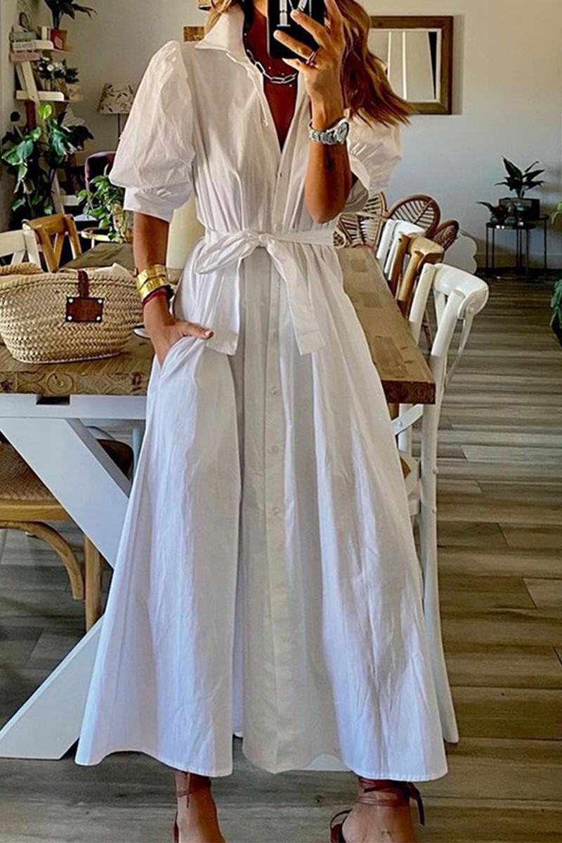 Kaynafashions - Casual Solid Patchwork Turndown Collar Shirt Dress Dresses