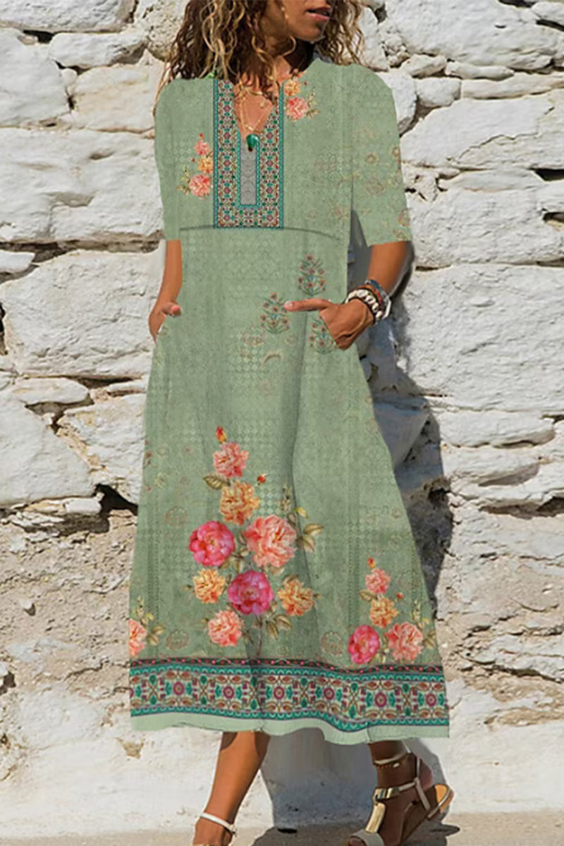 Kaynafashions - Casual Print Pocket V Neck A Line Dresses