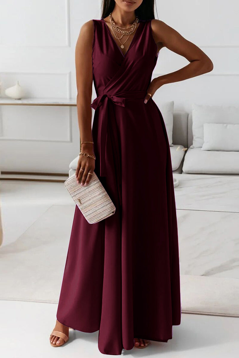 Kaynafashions - Celebrities Elegant Solid With Belt V Neck Evening Dress Dresses