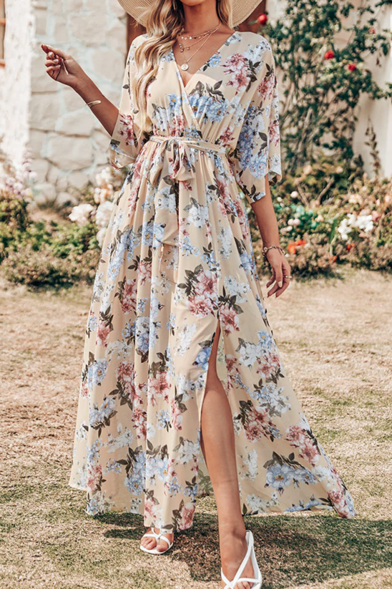 Kaynafashions - Casual Print Patchwork V Neck Waist Skirt Dresses(7 Colors)