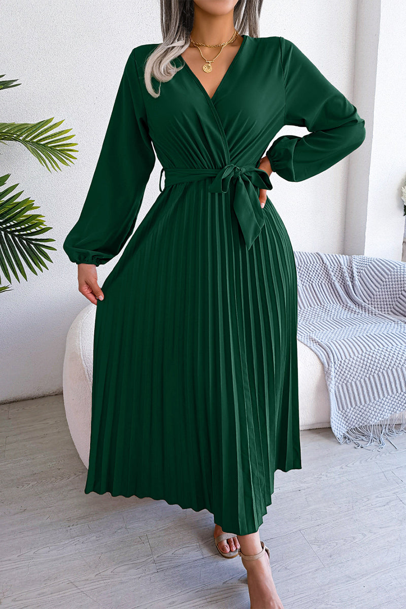 Kaynafashions - Elegant Solid Frenulum Fold V Neck Pleated Dresses(5 Colors)