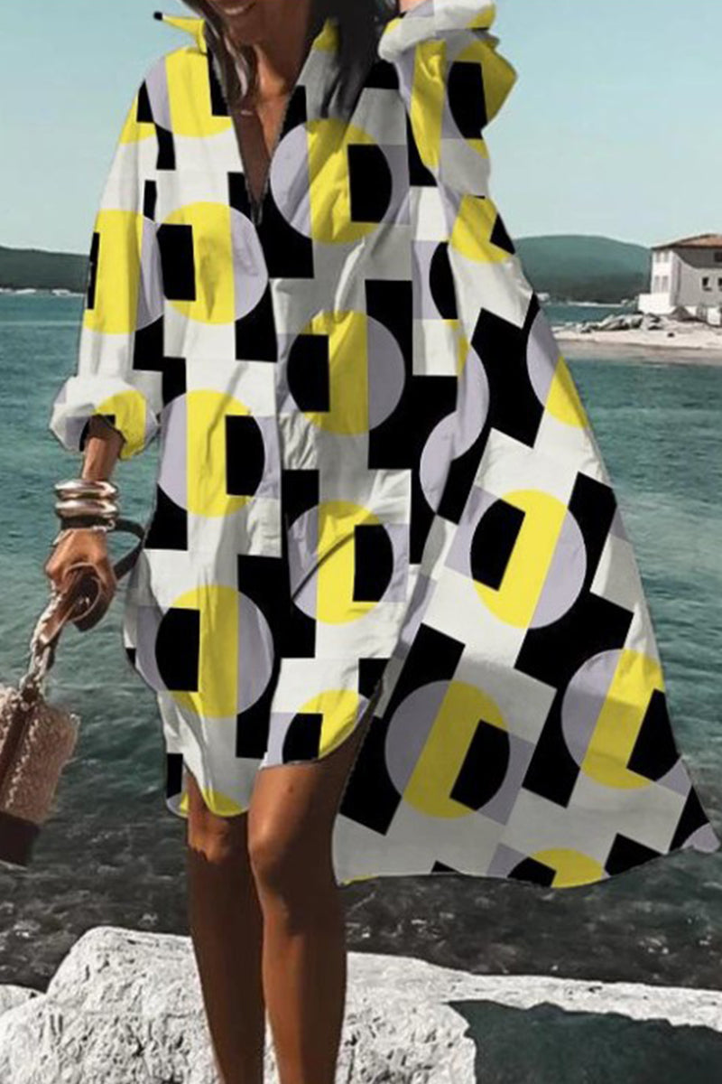 Kaynafashions - Casual Print Contrast Turndown Collar Shirt Dress Dresses(9 Colors)