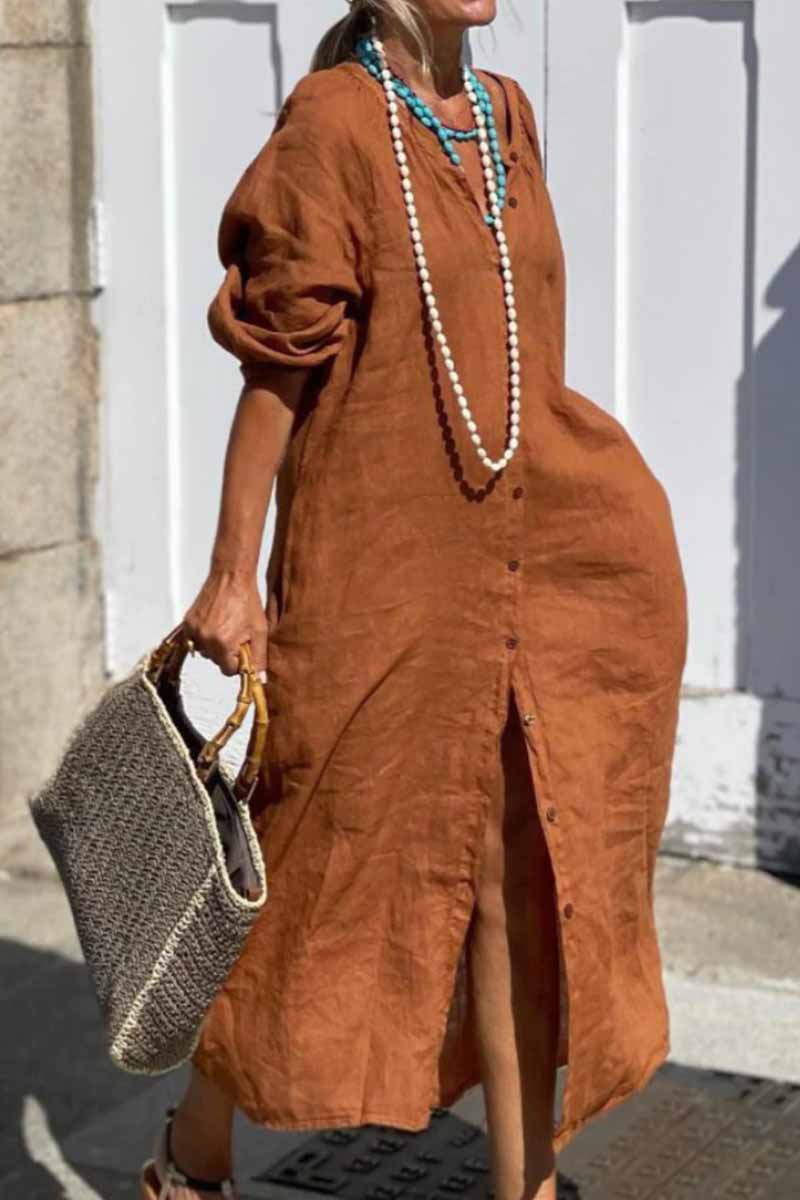 Kaynafashions - Casual Solid Patchwork Buckle O Neck Shirt Dress Dresses