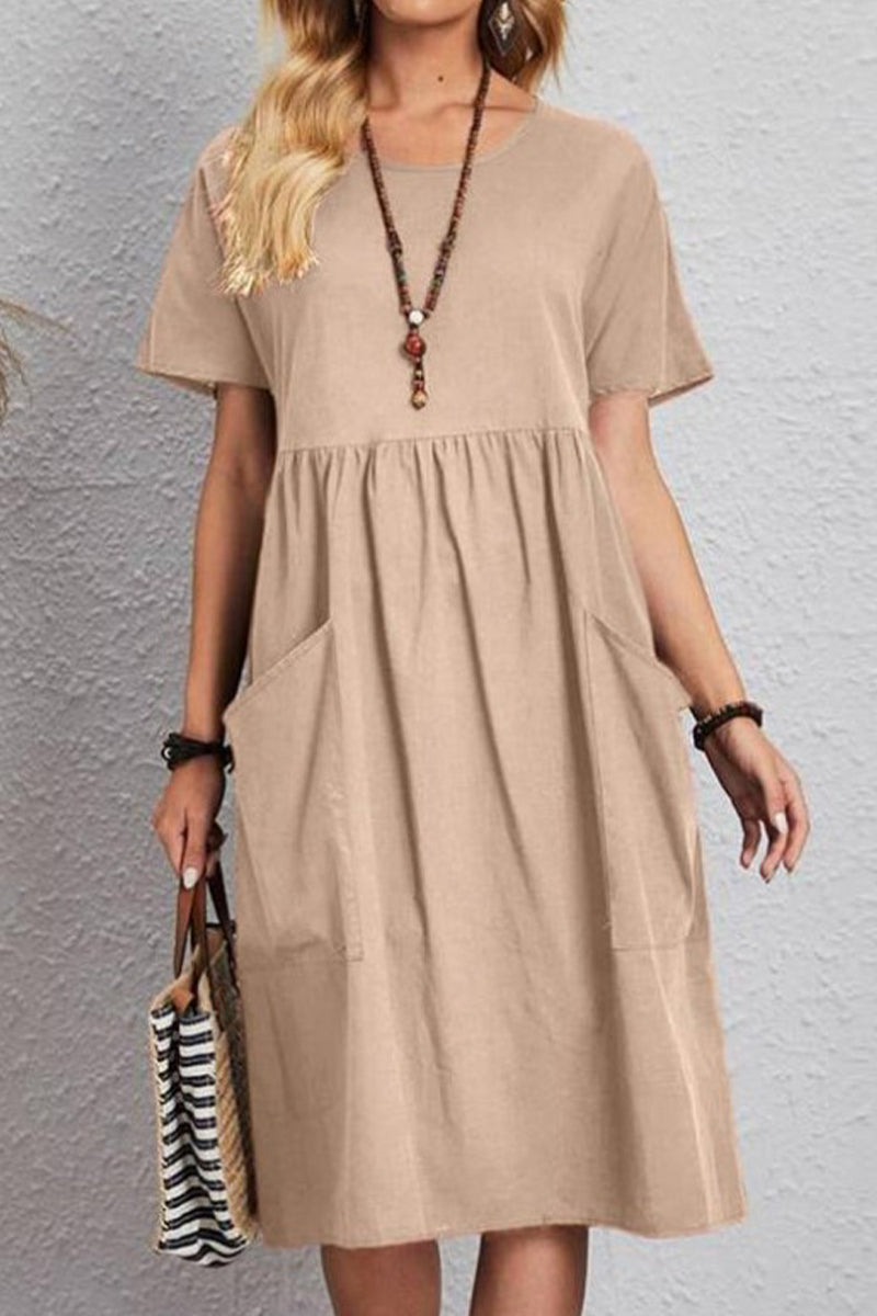 Kaynafashions - Casual Simplicity Solid Pocket O Neck Short Sleeve Dress Dresses(4 Colors)