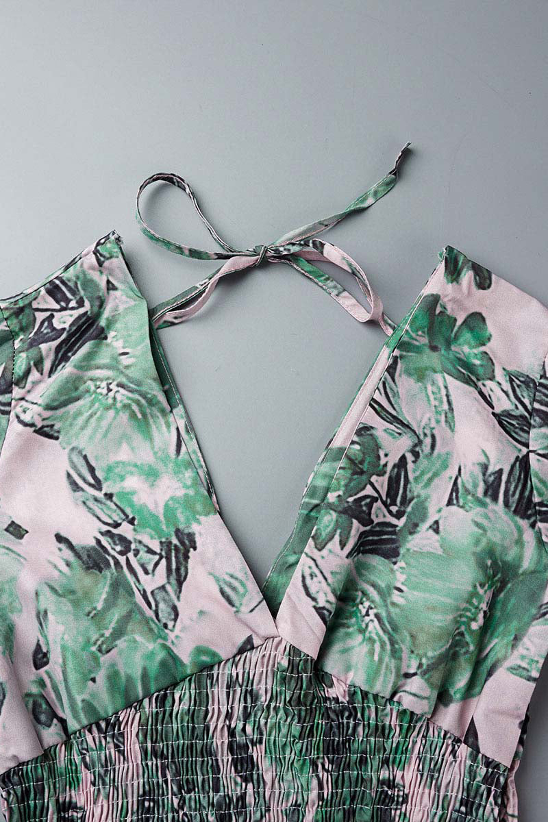 Kaynafashions - Sweet Elegant Print Patchwork V Neck Waist Skirt Dresses(4 Colors)