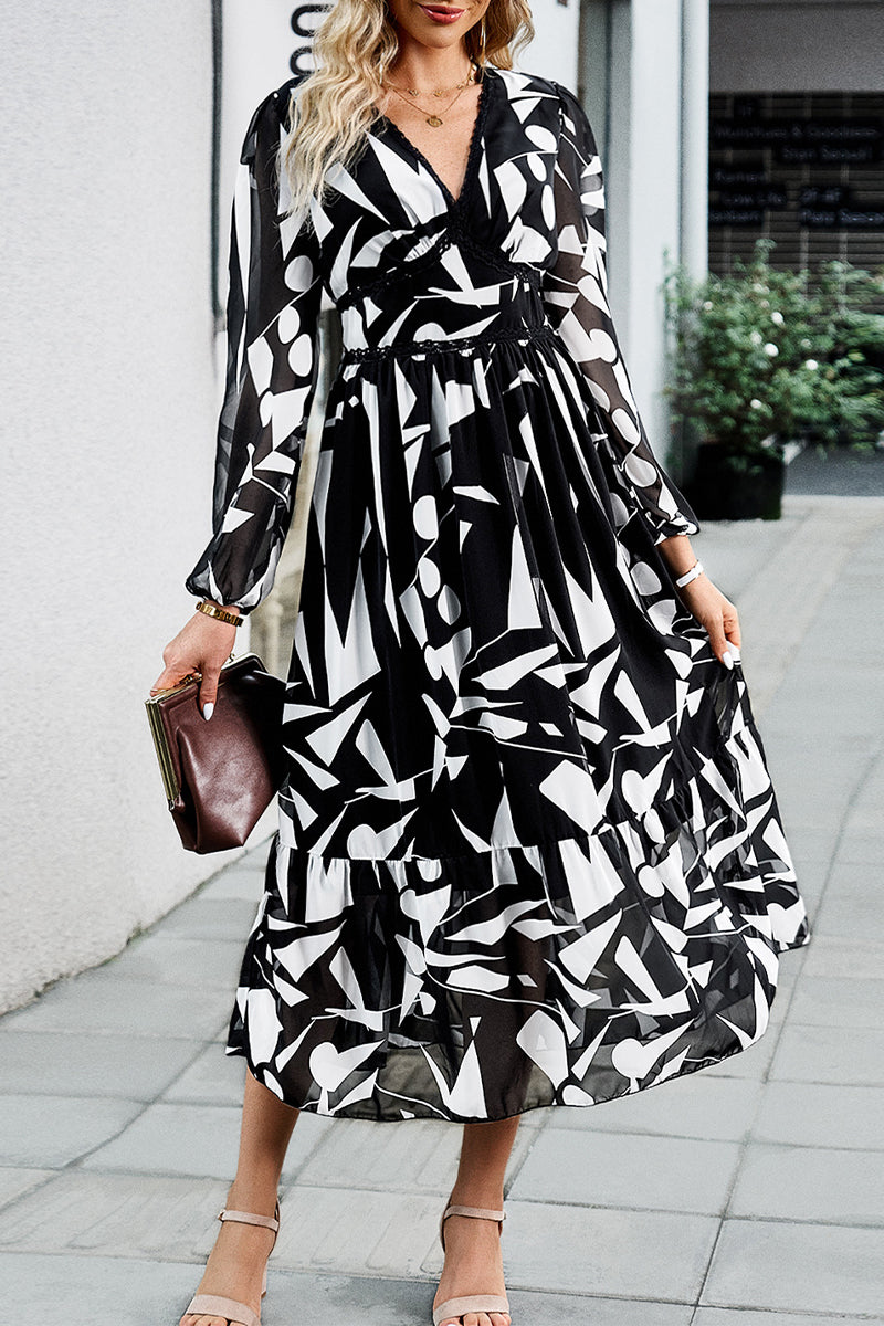 Kaynafashions - Elegant Geometric Printing V Neck A Line Dresses