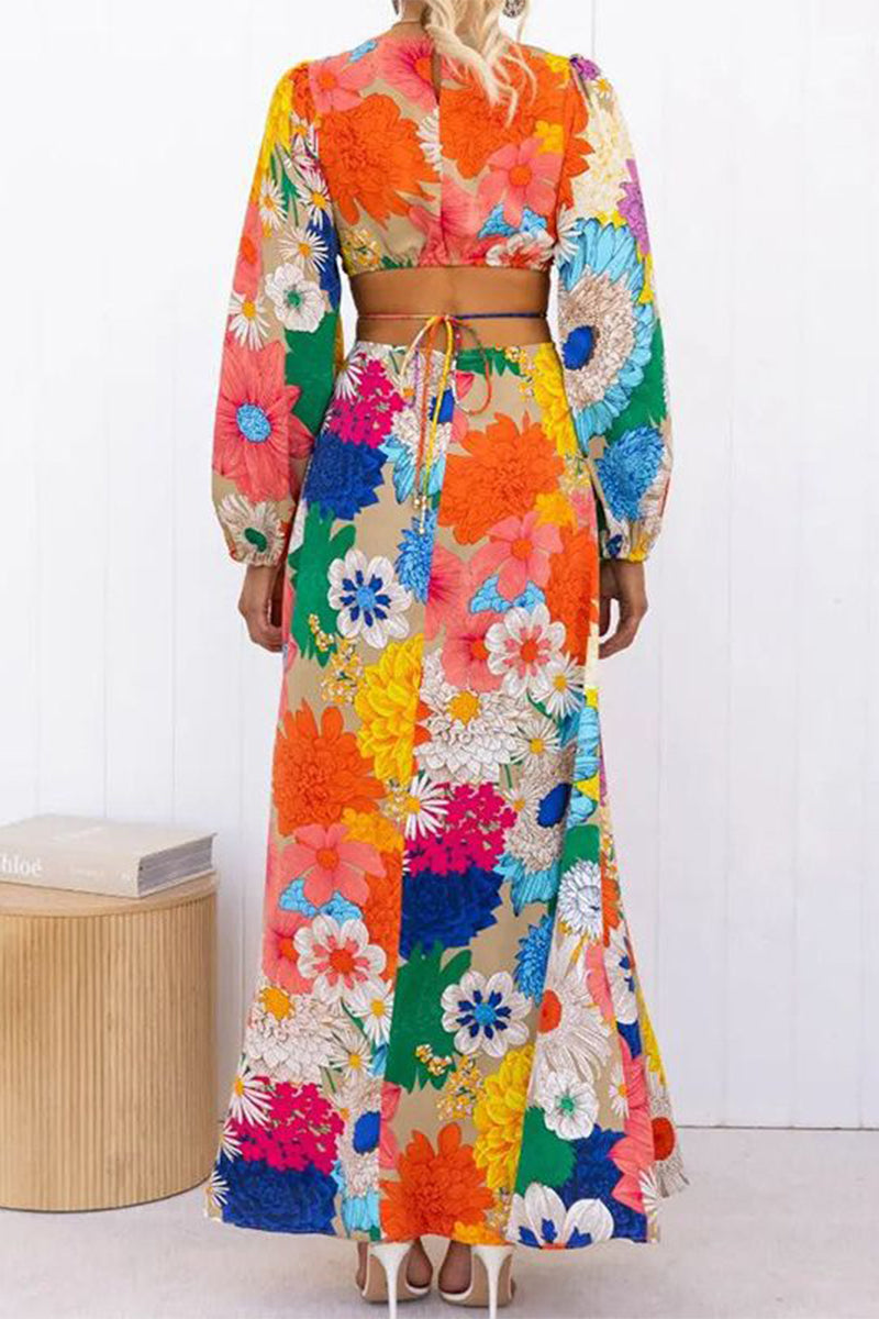 Kaynafashions - Elegant Floral Frenulum V Neck A Line Dresses