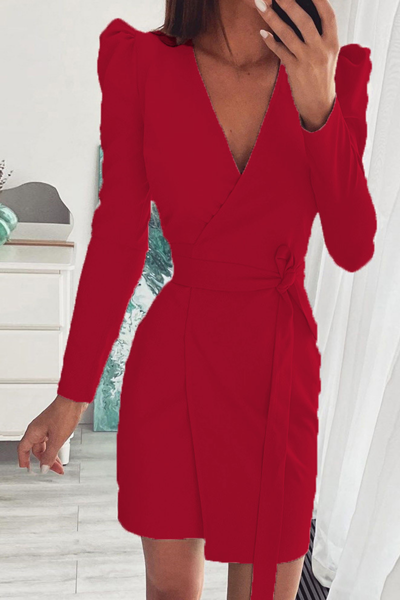 Kaynafashions - Fashion Solid Patchwork V Neck Waist Skirt Dresses(4 colors)