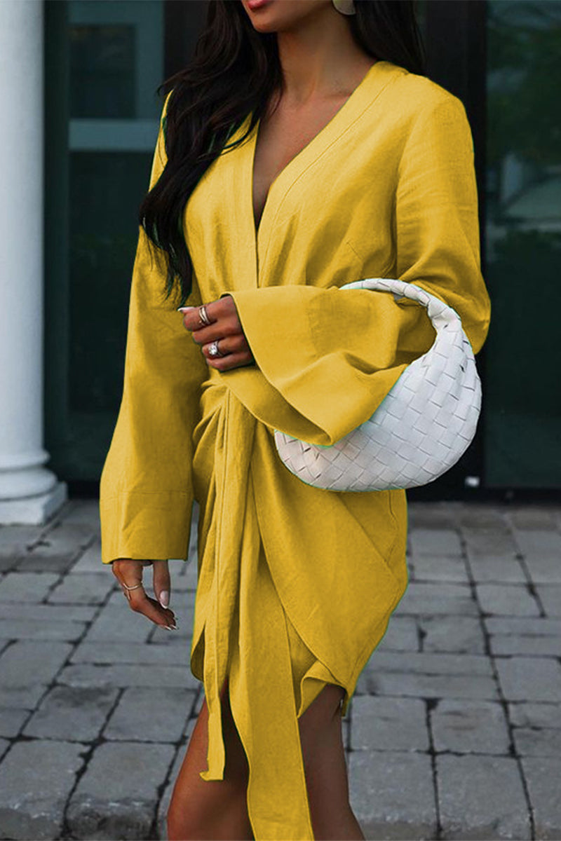 Kaynafashions - Casual Solid Bandage V Neck A Line Dresses