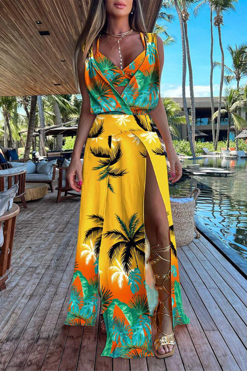 Kaynafashions - Casual Vacation Print Patchwork Frenulum V Neck Sleeveless Two Pieces(6 Colors)