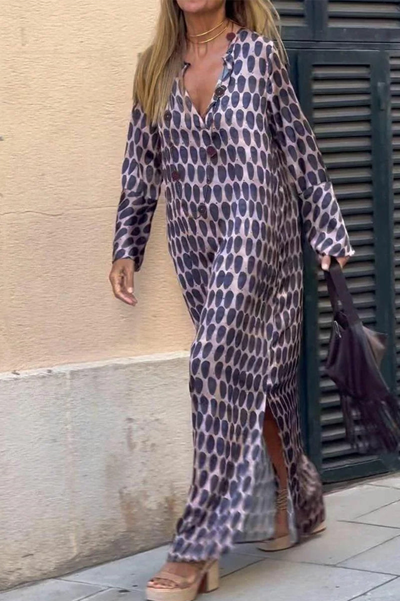 Kaynafashions - Casual Geometric Print Patchwork V Neck Printed Dress Dresses