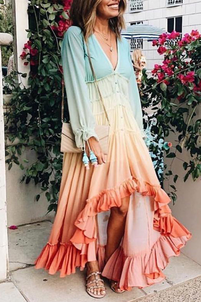 Kaynafashions - Elegant Gradual Change Patchwork Frenulum V Neck Printed Dress Dresses(3 Colors)