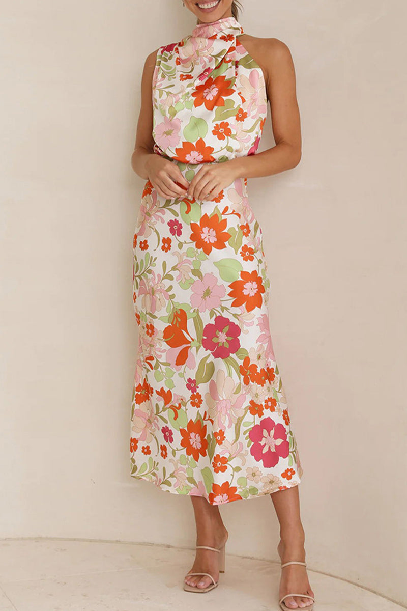 Kaynafashions - Celebrities Elegant Print Patchwork Asymmetrical Collar One Step Skirt Dresses