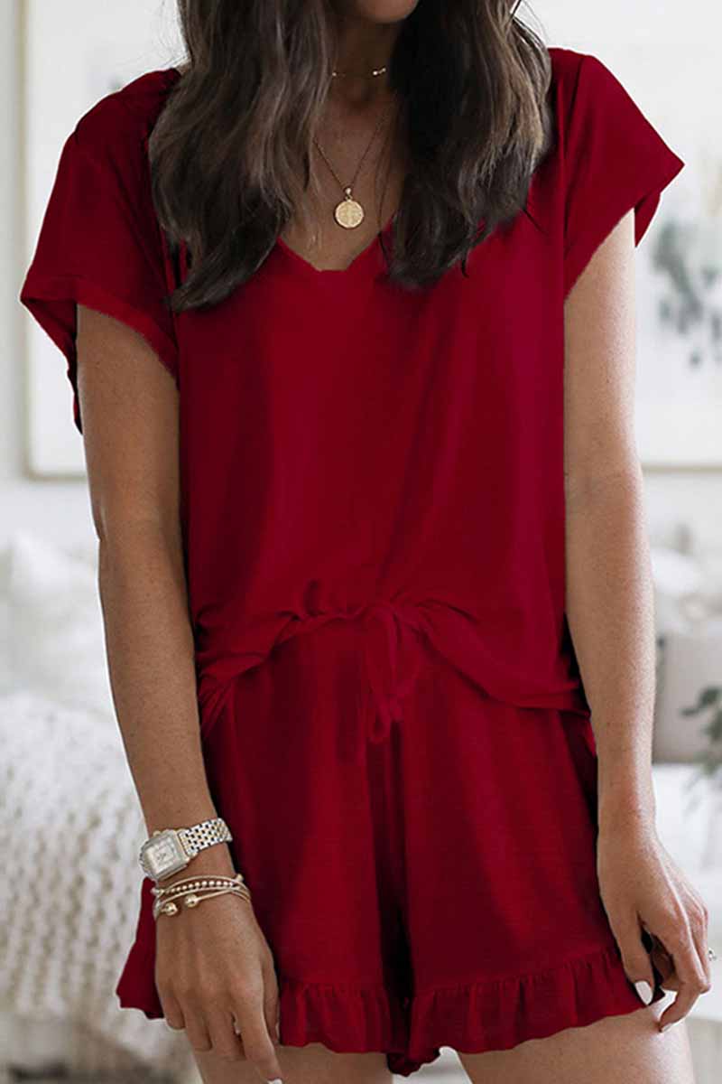 Kaynafashions - Street Living Solid Patchwork V Neck Short Sleeve Two Pieces