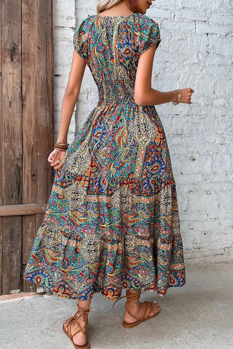 Kaynafashions - Bohemian College Print Fold V Neck A Line Dresses(4 Colors)