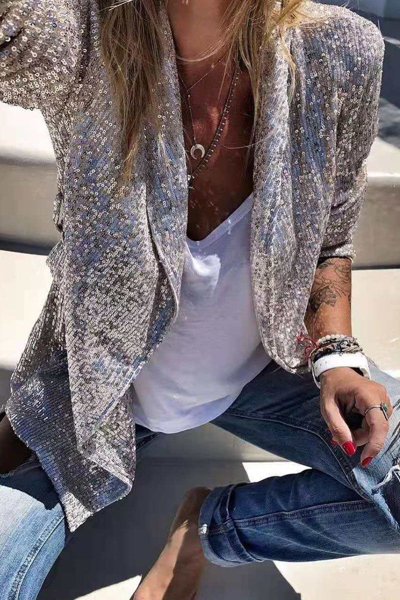 Kaynafashions - Sexy Solid Sequins Patchwork Turn-back Collar Outerwear(3 Colors)