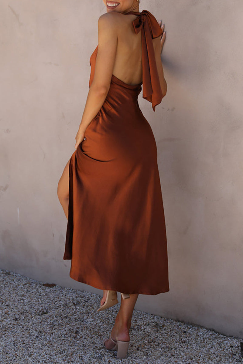 Kaynafashions - Sexy Celebrities Solid Backless Slit Halter Pencil Skirt Dresses