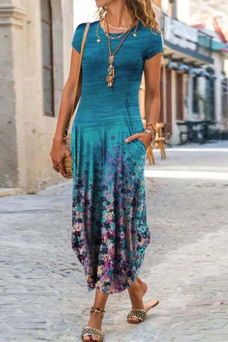 Kaynafashions - Casual Street Print Patchwork O Neck Short Sleeve Dress Dresses(10 Colors)