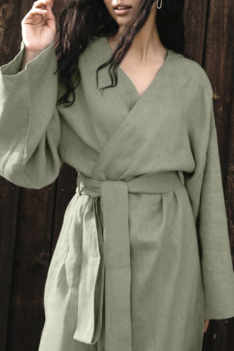 Kaynafashions - Casual Solid Frenulum V Neck Long Sleeve Dresses