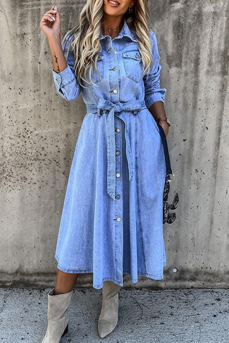 Kaynafashions - Work Elegant Solid Patchwork Pocket Frenulum Buckle Turndown Collar Long Sleeve High Waist Regular Denim Dresses