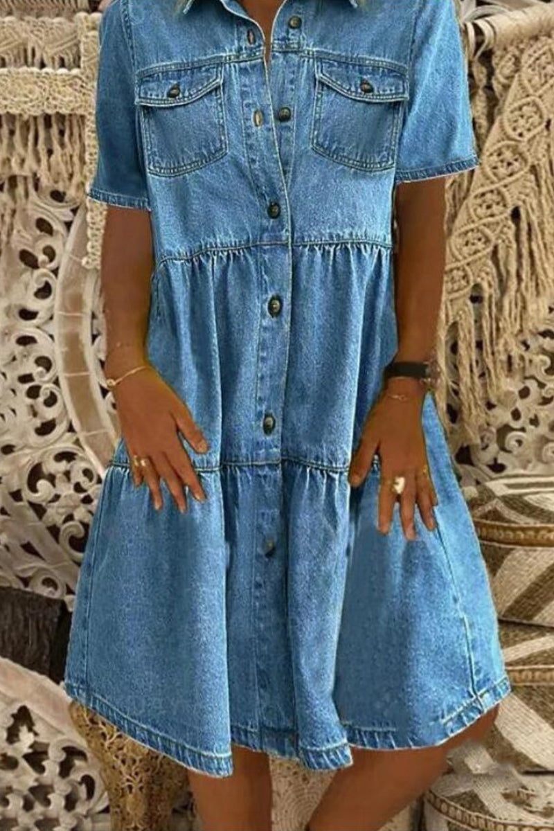 Kaynafashions - Casual Solid Patchwork Turndown Collar Short Sleeve Loose Denim Dresses(3 Colors)