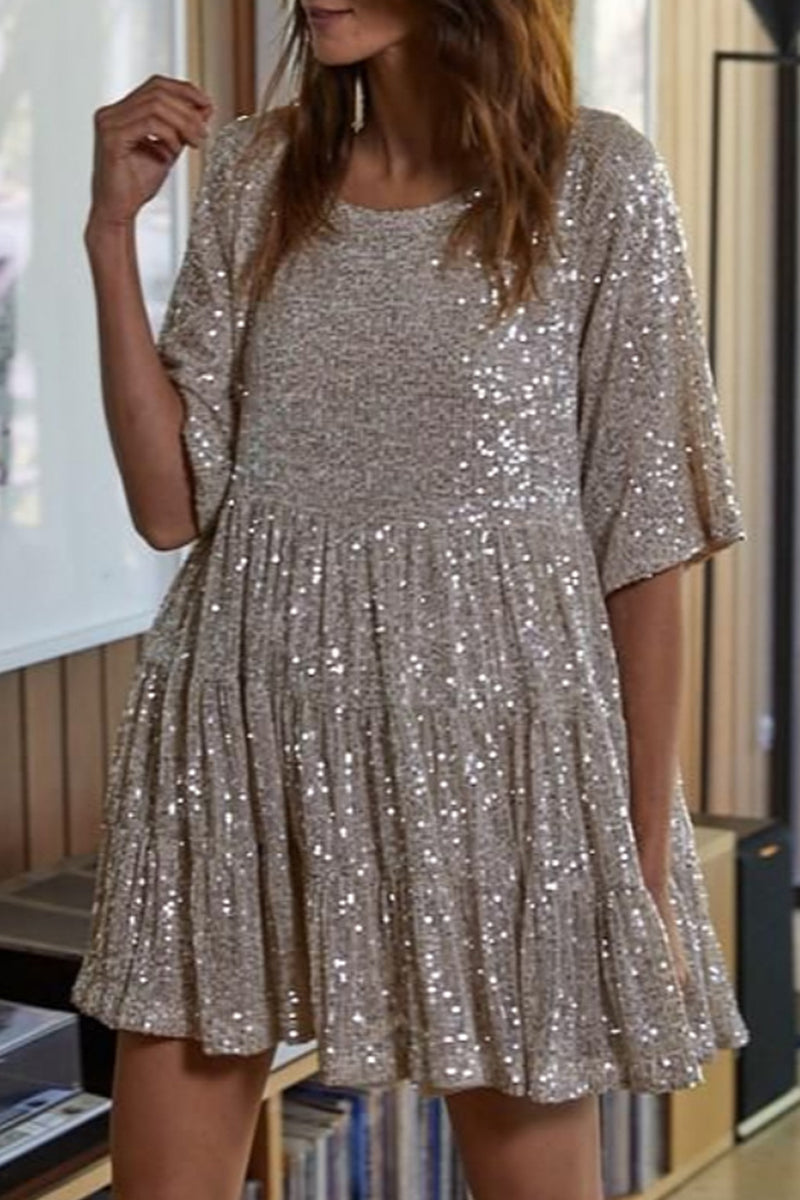 Kaynafashions - Casual Solid Sequins O Neck One Step Skirt Short Sleeve Dress