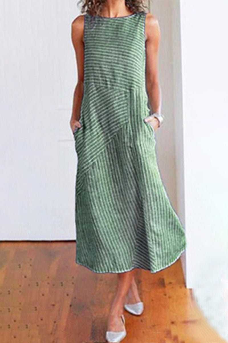 Kaynafashions - Casual Sweet Striped Pocket O Neck Sleeveless Dress Dresses(4 Colors)