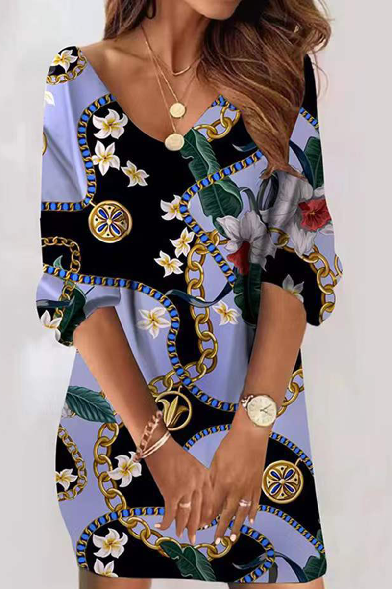 Kaynafashions - Casual Print Patchwork V Neck Straight Dresses(7 colors)