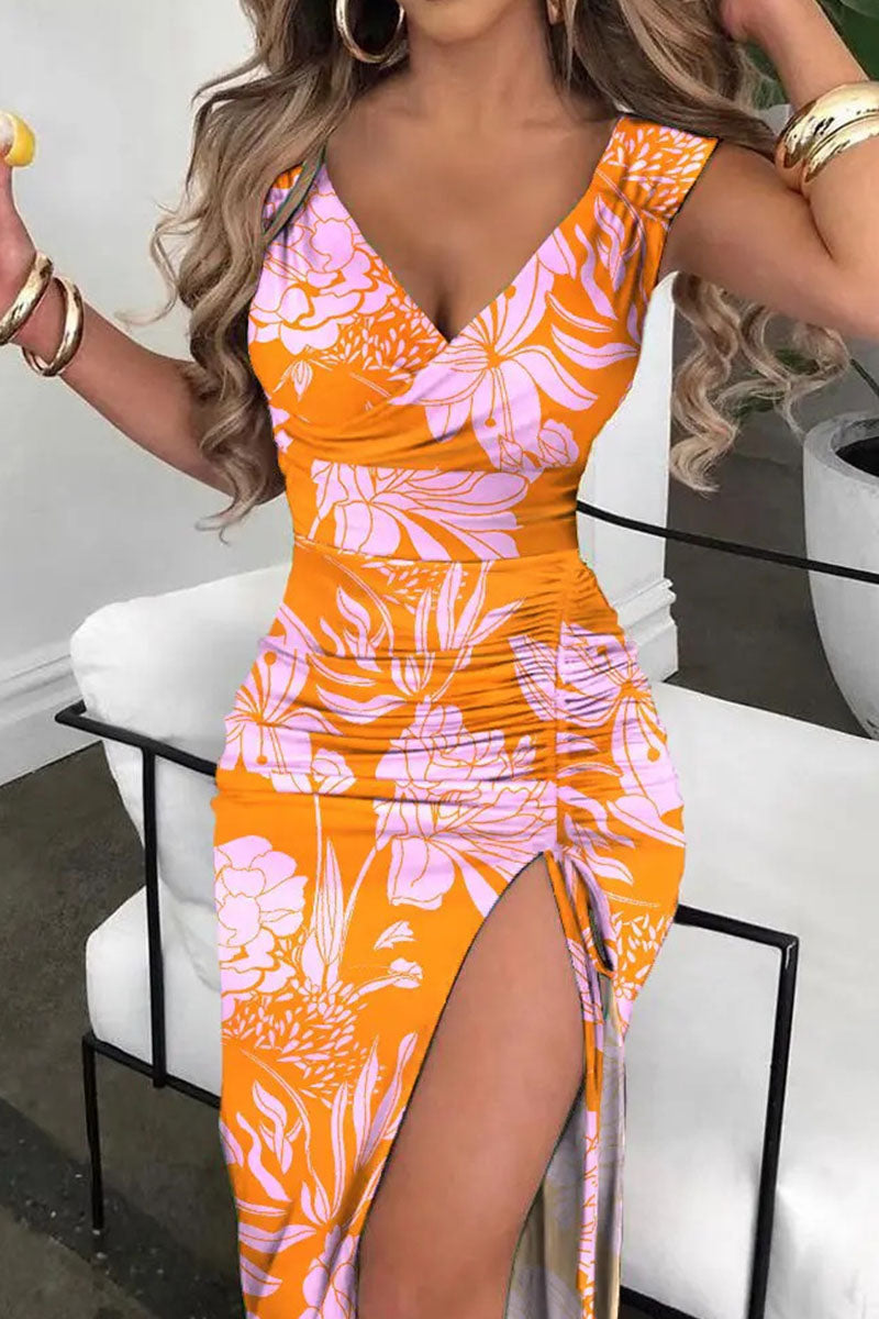 Kaynafashions - Sexy Print Patchwork Slit V Neck Straight Dresses(4 Colors)