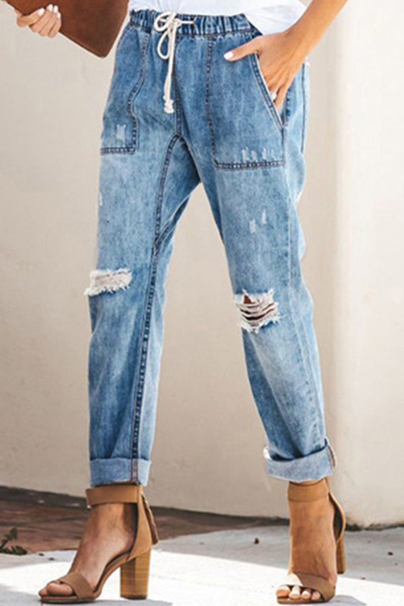 Kaynafashions - Street Solid Ripped Frenulum Straight Denim Jeans